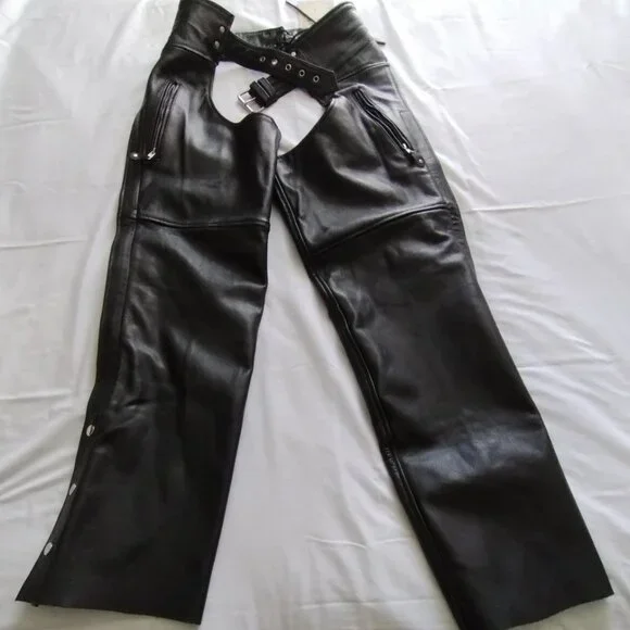 LEATHER KING Black Leather MOTORCYCLE CHAPS Size LARGE
